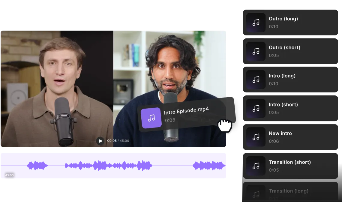 Two men speaking into microphones in a podcast or video recording interface showing audio clip selections like Outro, Intro, and Transition on the right side.